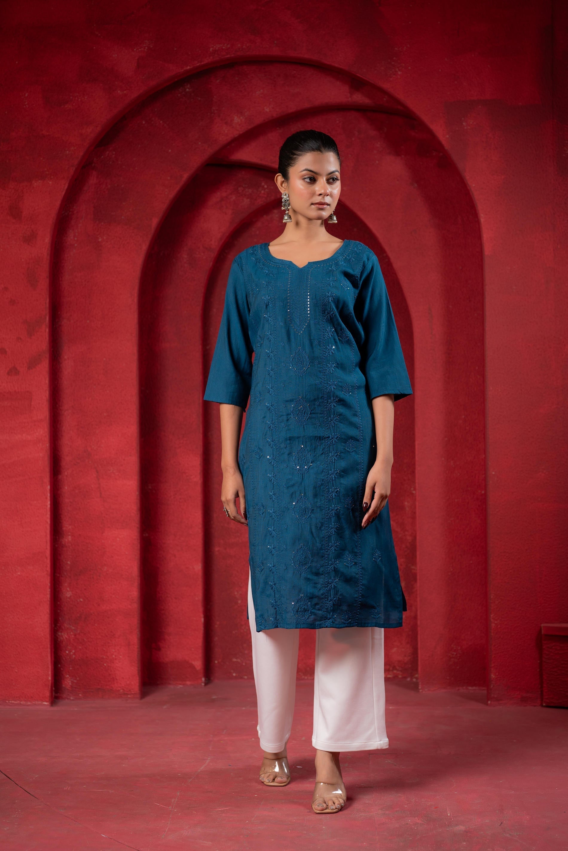 Juniper Teal Embroidered Kurta - Swadesiicart