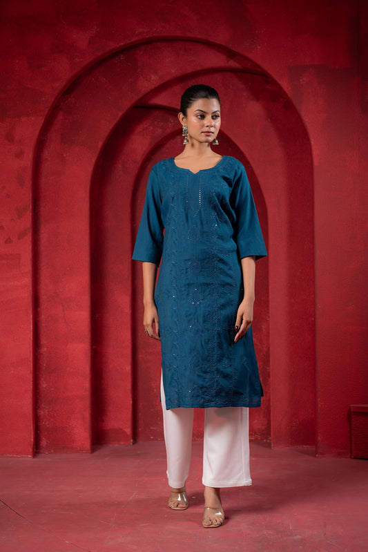 Juniper Teal Embroidered Kurta - Swadesiicart