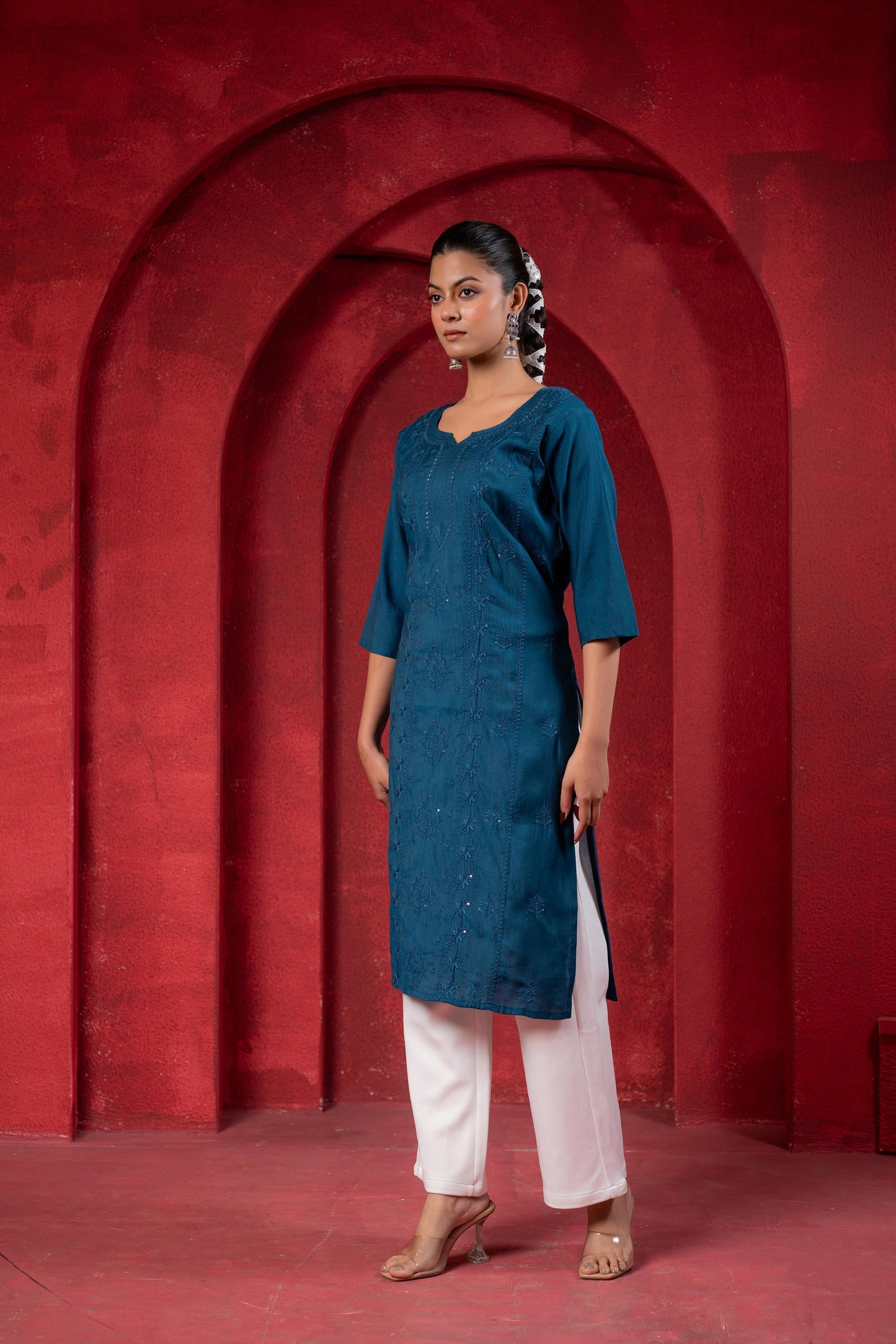 Juniper Teal Embroidered Kurta - Swadesiicart