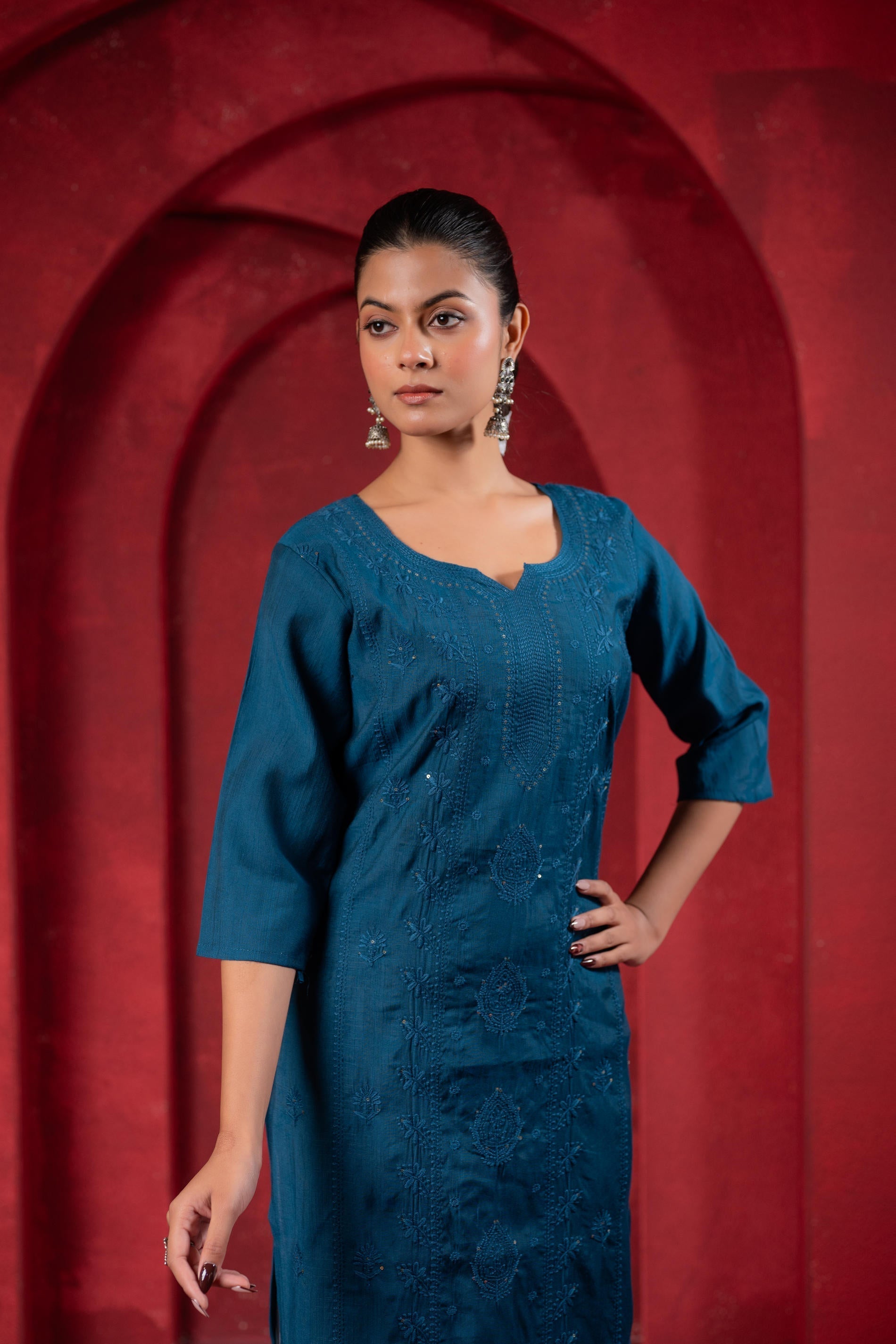 Juniper Teal Embroidered Kurta - Swadesiicart