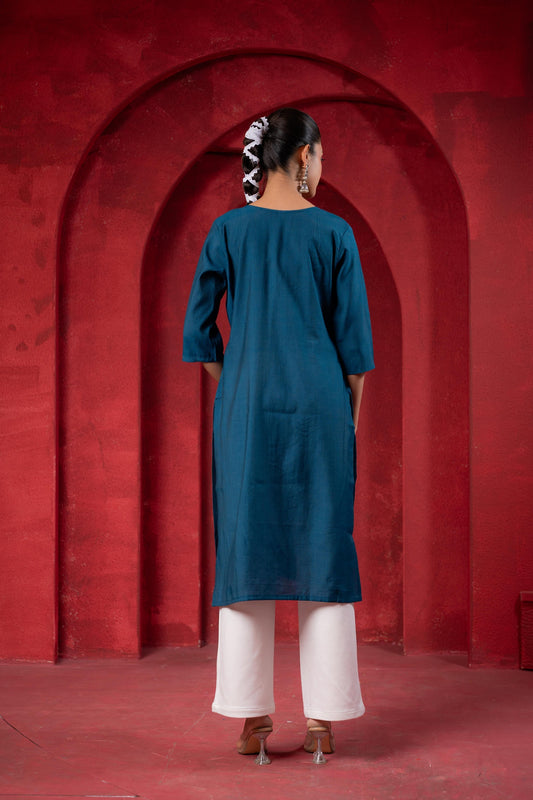 Juniper Teal Embroidered Kurta - Swadesiicart