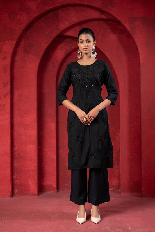 Juniper Black Tonal Sequin Embellished Straight Kurta Set - Swadesiicart