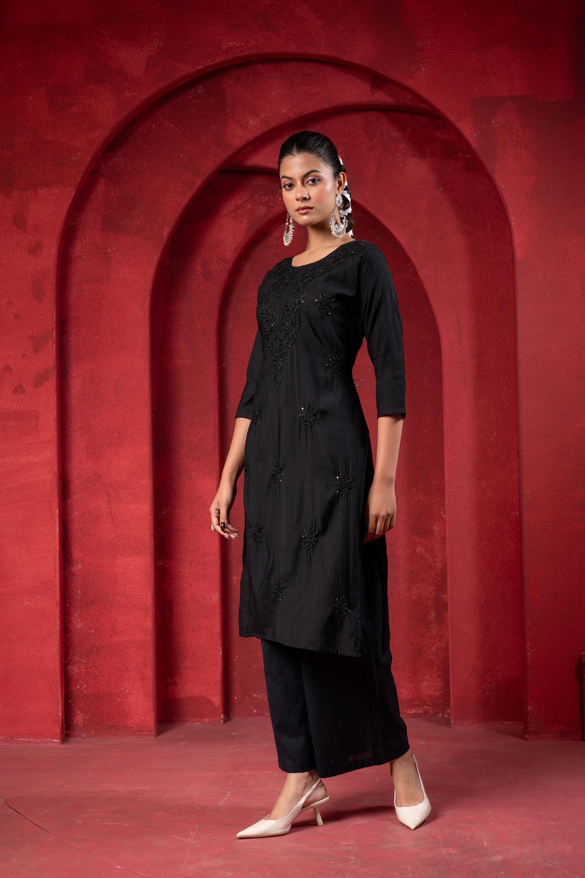 Juniper Black Tonal Sequin Embellished Straight Kurta Set - Swadesiicart