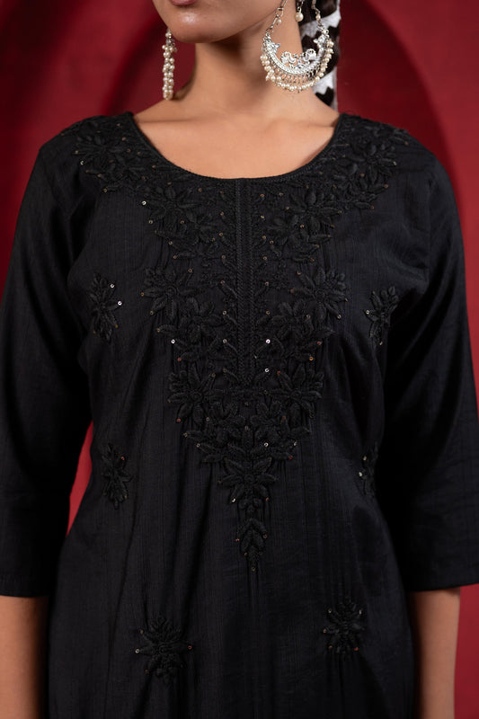 Juniper Black Tonal Sequin Embellished Straight Kurta Set - Swadesiicart