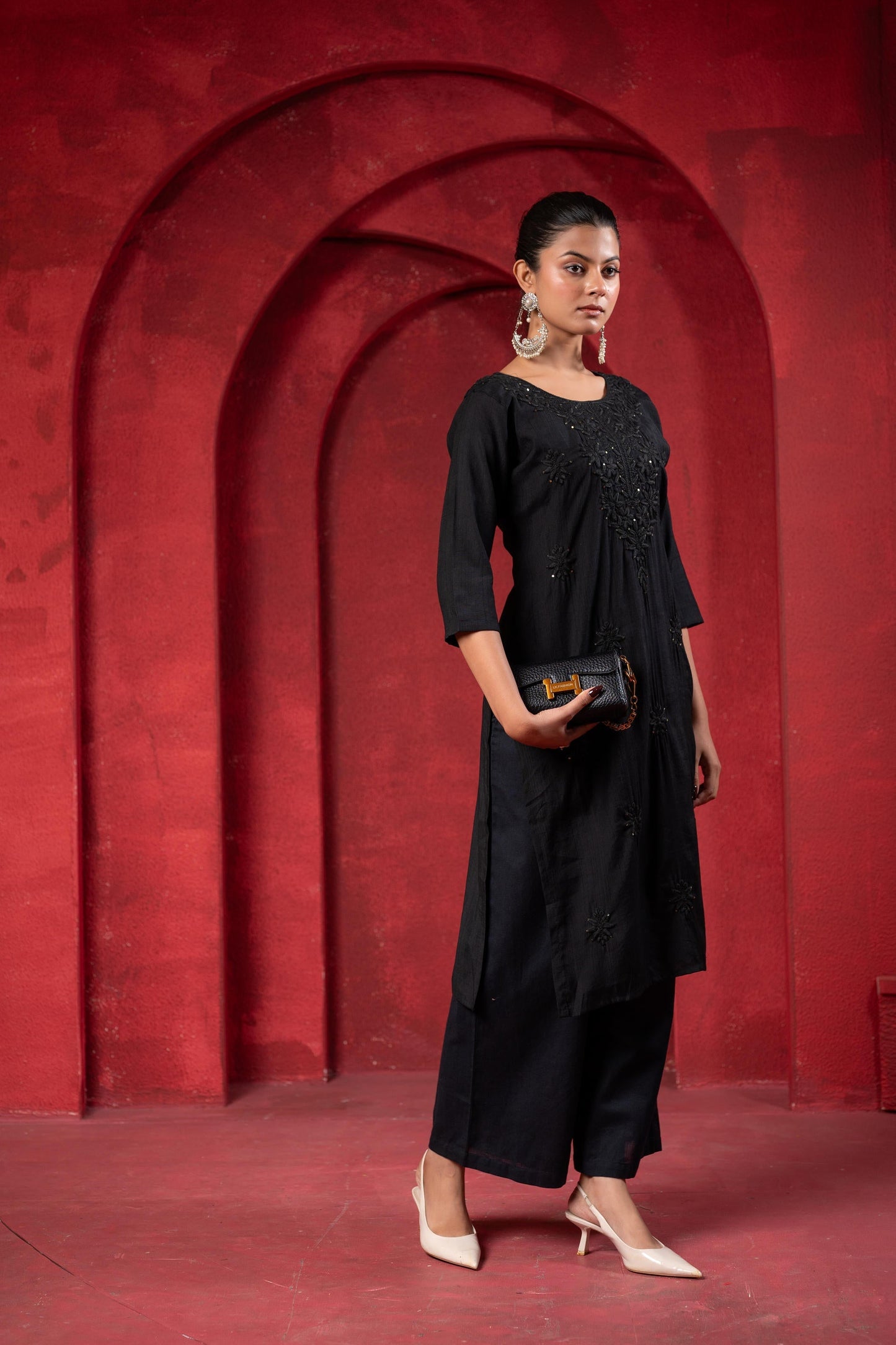 Juniper Black Tonal Sequin Embellished Straight Kurta Set - Swadesiicart