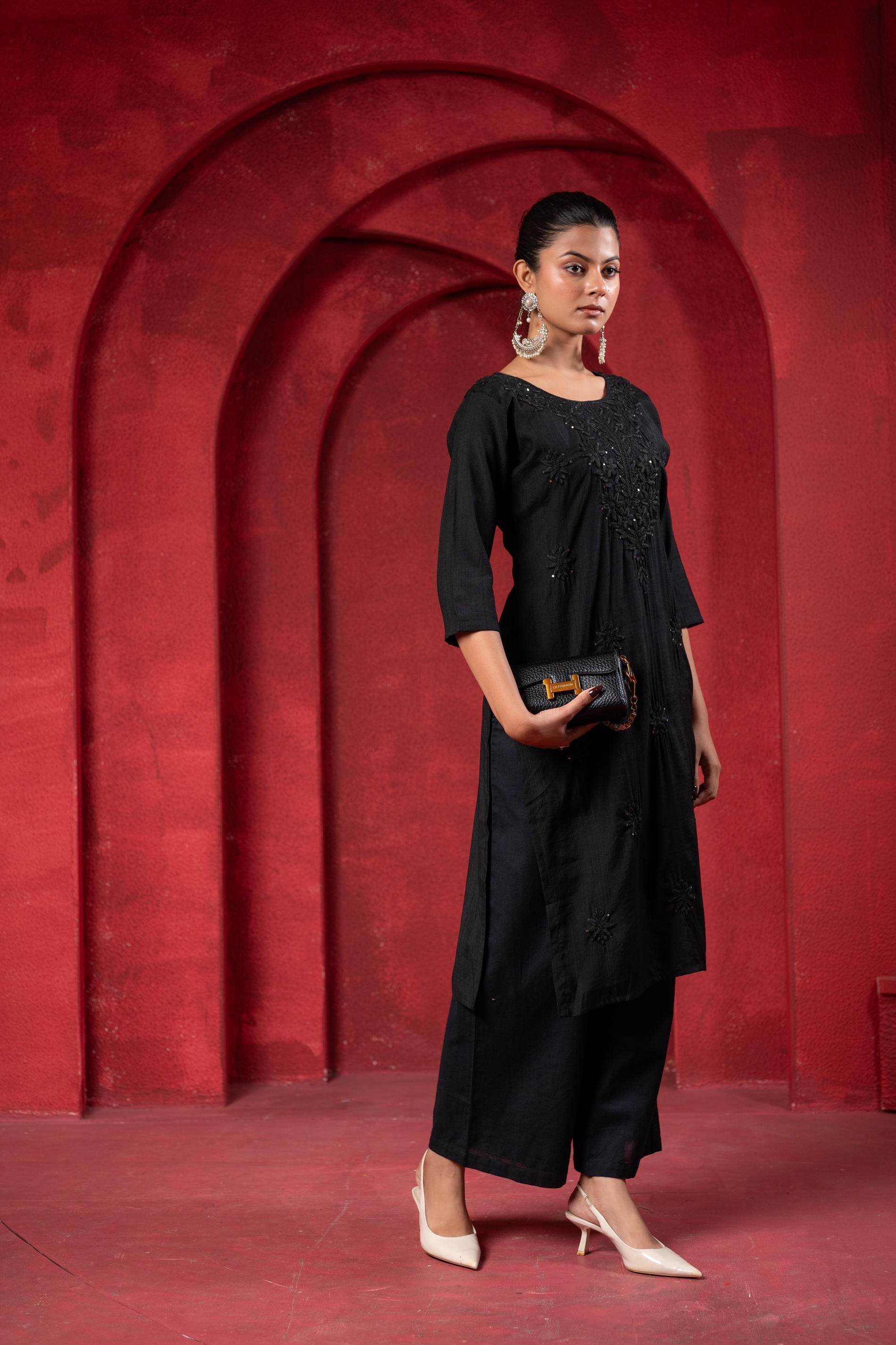 Juniper Black Tonal Sequin Embellished Straight Kurta Set - Swadesiicart