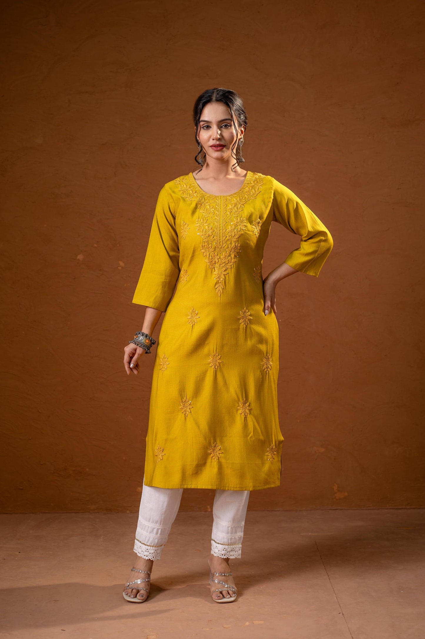 Juniper Mustard Tonal Sequin Embellished Straight Kurta Set - Swadesiicart