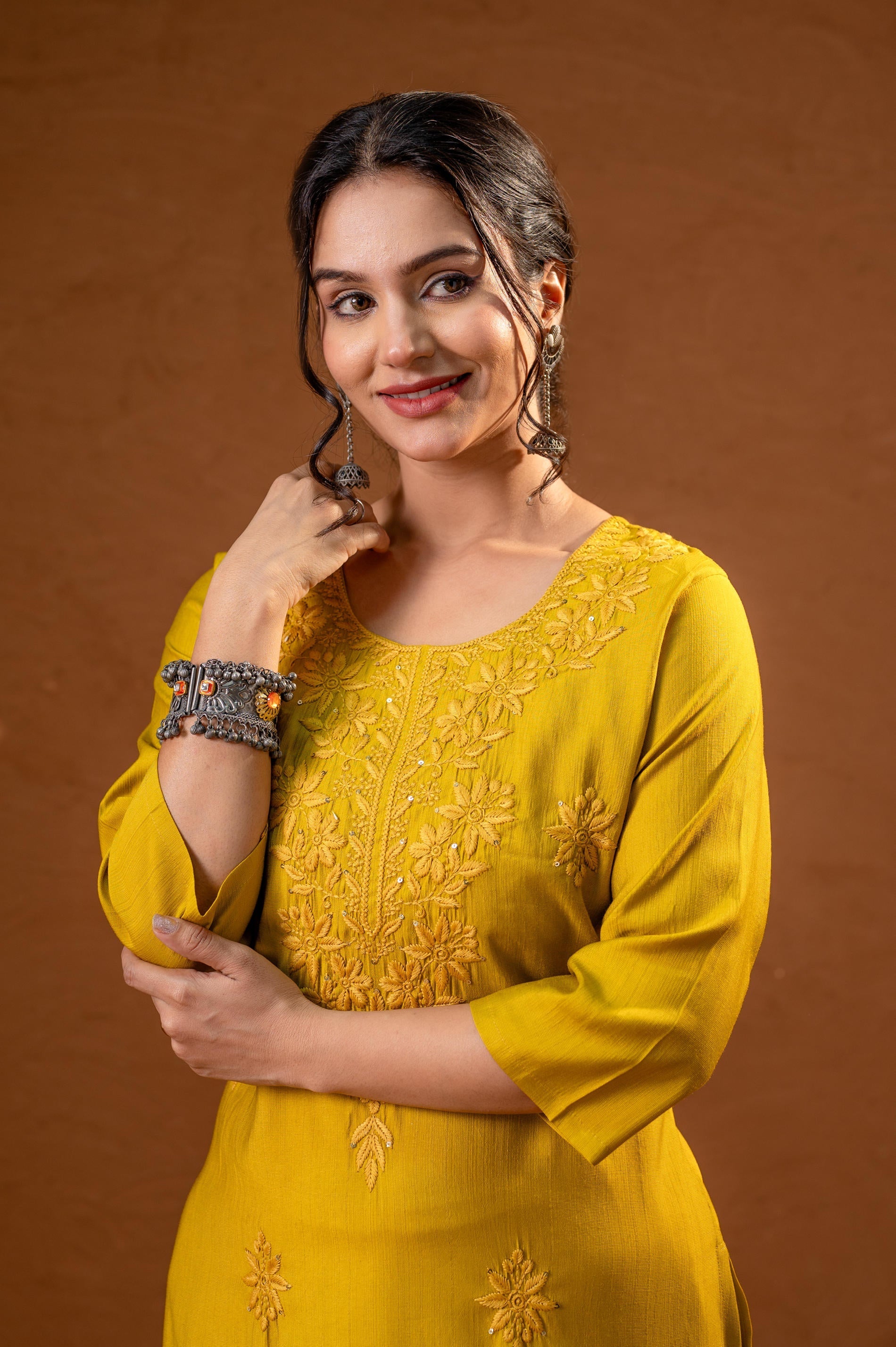 Juniper Mustard Tonal Sequin Embellished Straight Kurta Set - Swadesiicart