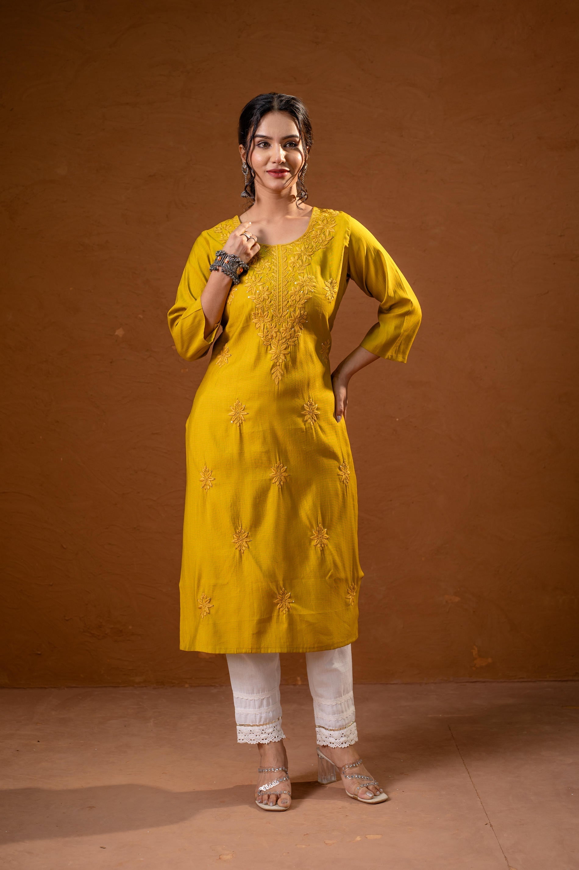 Juniper Mustard Tonal Sequin Embellished Straight Kurta Set - Swadesiicart