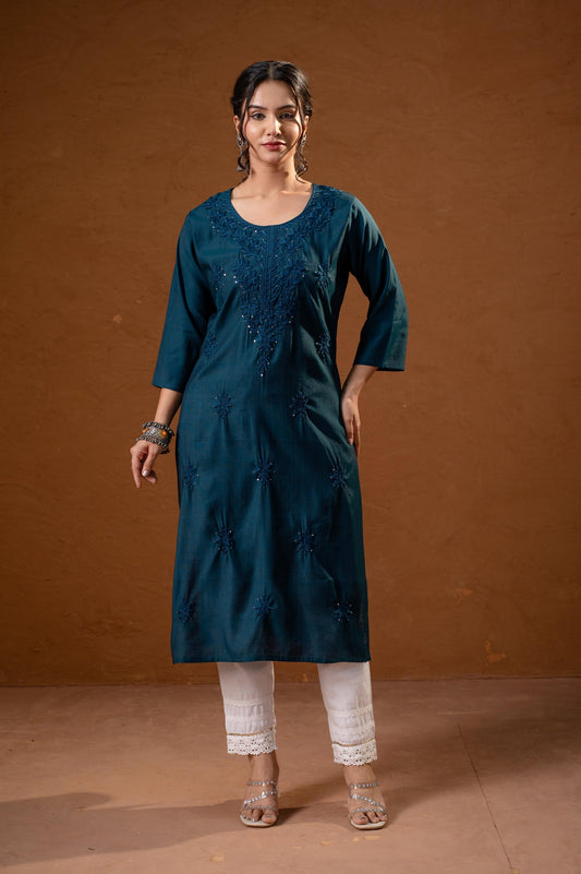 Juniper Teal Tonal Sequin Embellished Straight Kurta Set - Swadesiicart