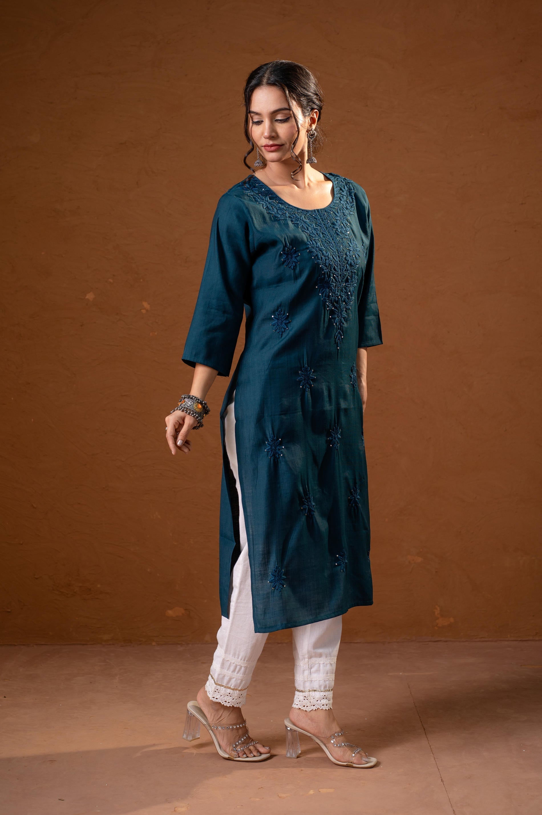 Juniper Teal Tonal Sequin Embellished Straight Kurta Set - Swadesiicart