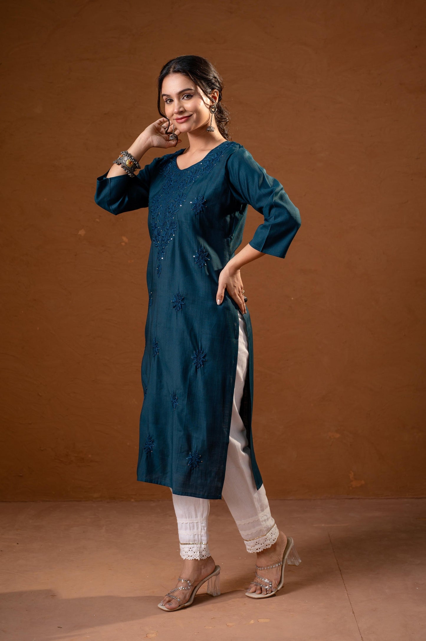 Juniper Teal Tonal Sequin Embellished Straight Kurta Set - Swadesiicart