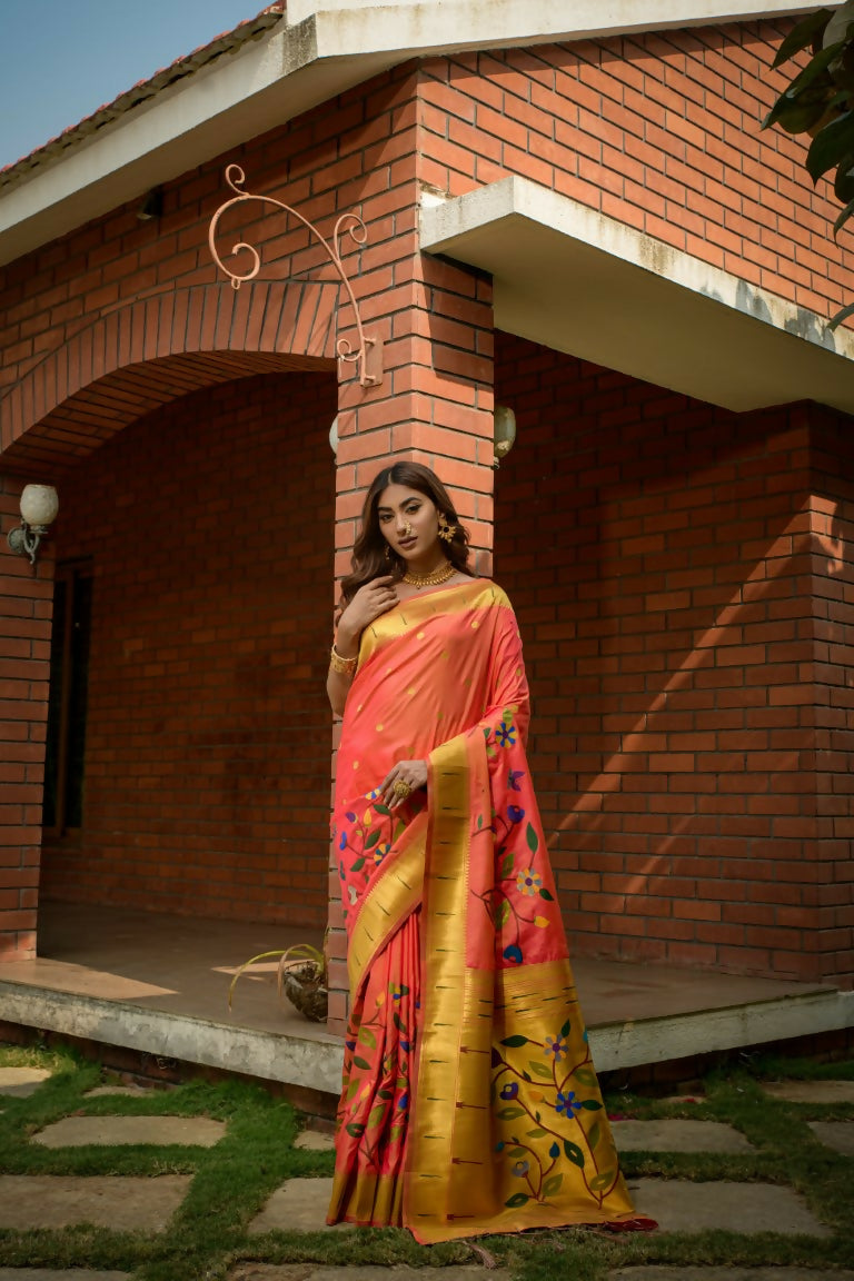 Jyoti Fashion Women's Coral Paithani Silk Zari Woven Saree with Blouse | Swadesiicart