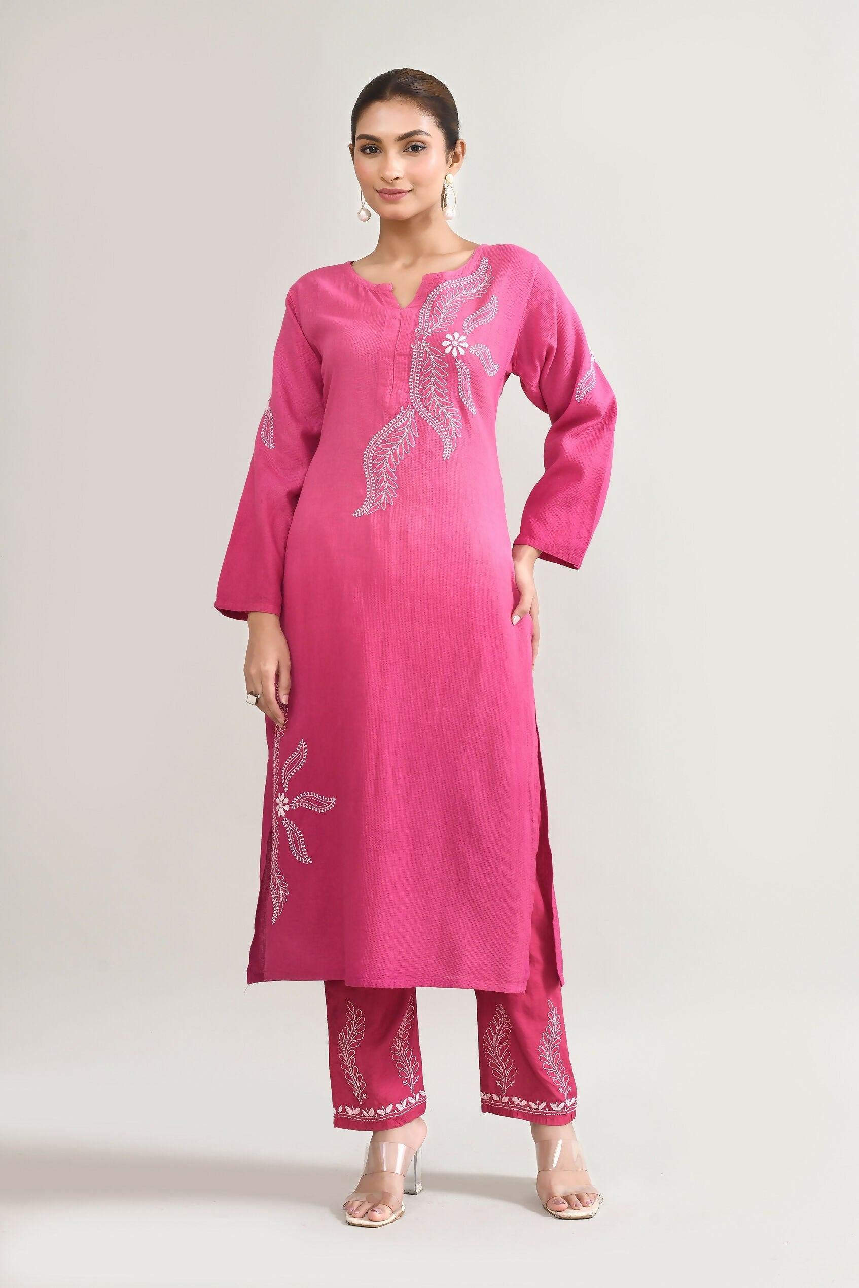 Joban Fashion Womens Cotton ChikanKari pink Kurta set - Swadesiicart