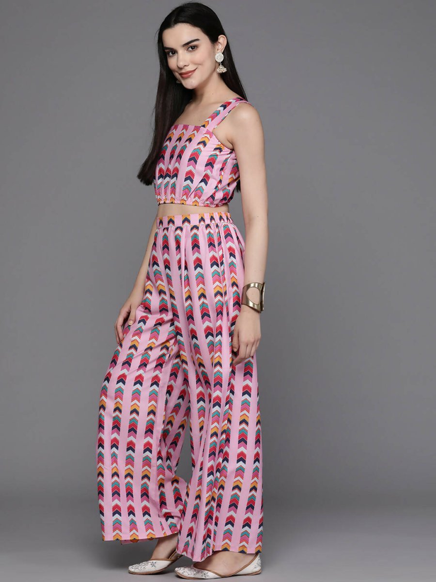 Ahalyaa Women Printed Crop Top with Palazzos & Jacket - Multi Color - Swadesiicart