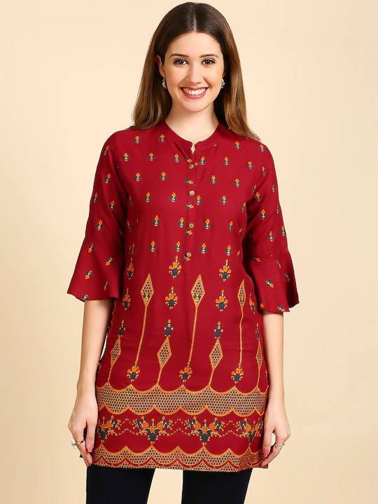 Anubhutee Maroon & Golden Printed Straight Kurti - Swadesiicart