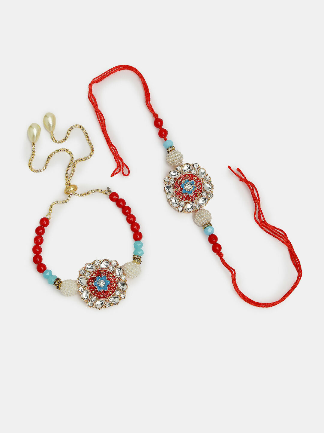 NVR Women & Men Set of 2 Red-colored Stone-Studded & Beaded Bhaiya Bhabhi Rakhi With Roli Chawal | Swadesiicart
