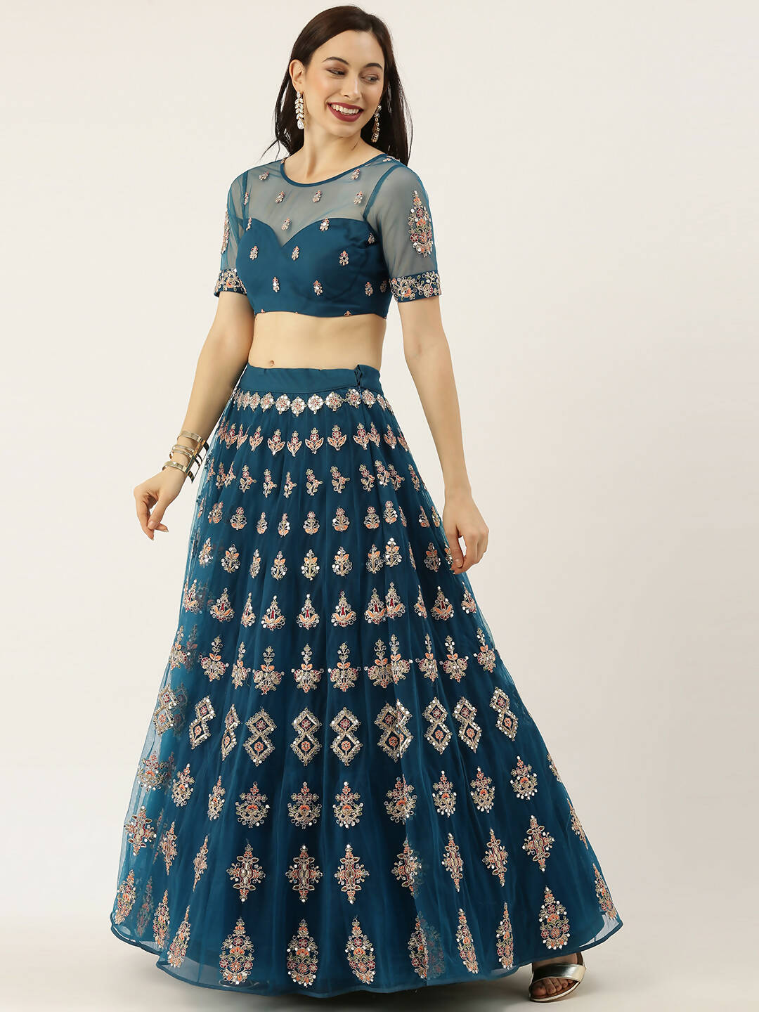 House of Panchhi Teal Net Semi stitched Mirror and Coding Work Lehenga Choli | Swadesiicart