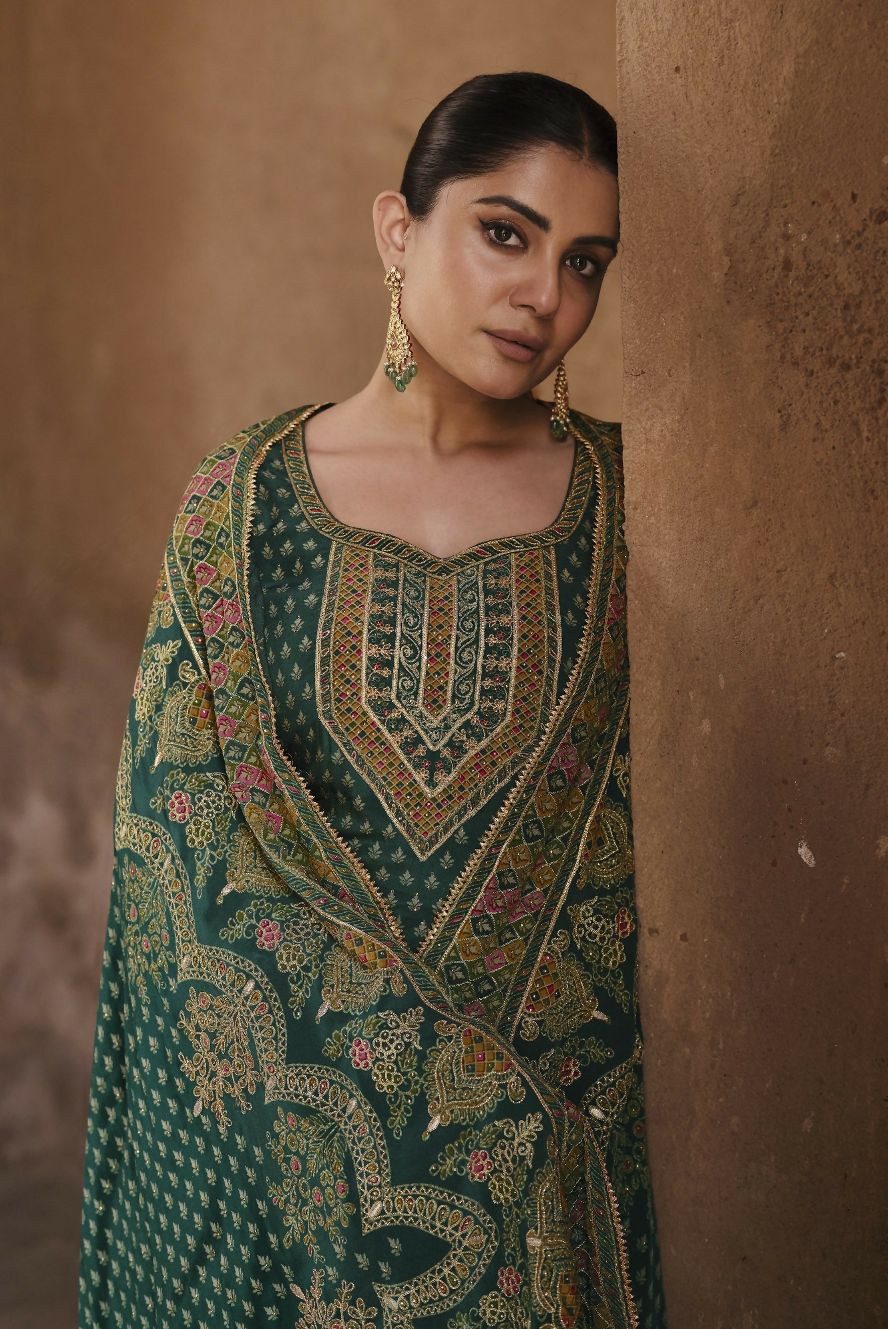 Anaita Dark-Green Silk Readymade Palazzo Suit with Swarovski Work