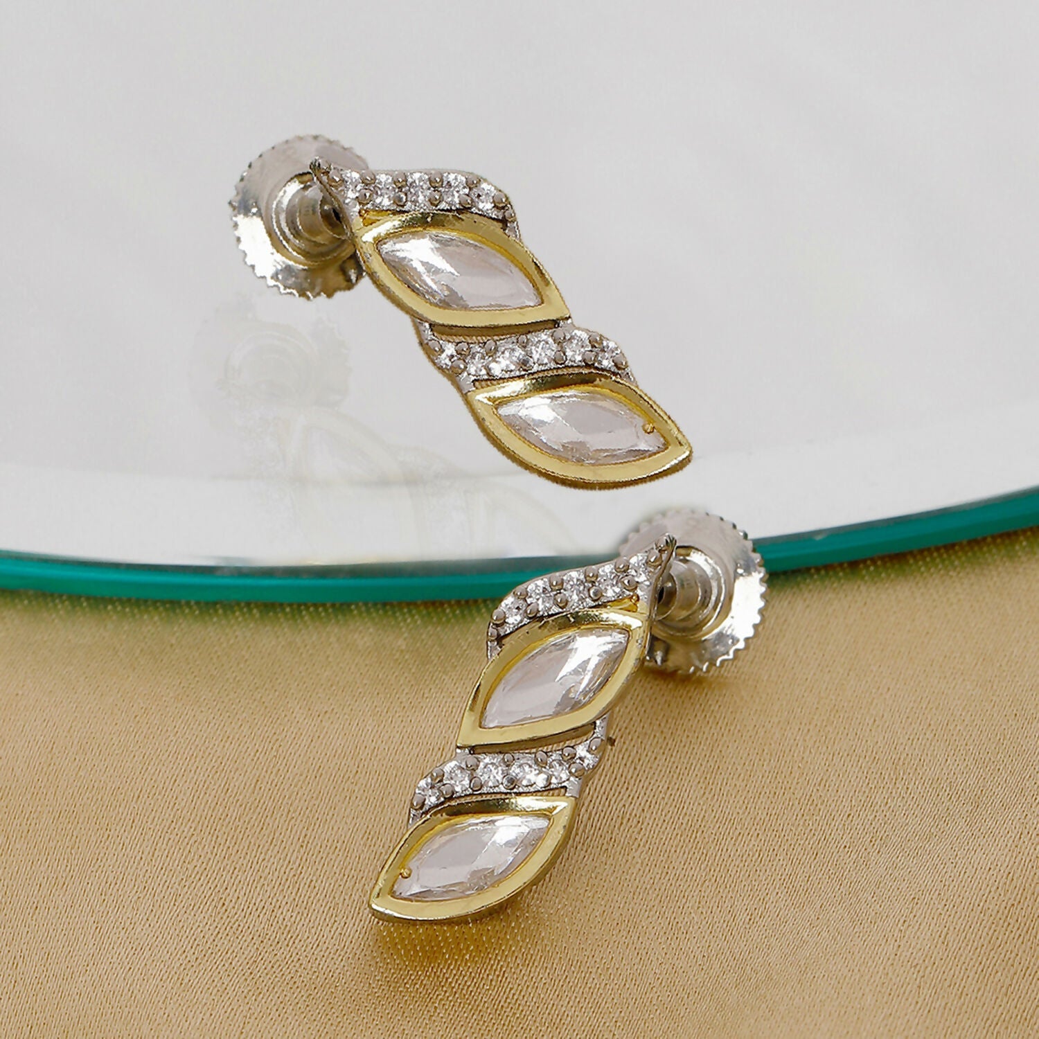 Boat Shaped Earrings with Diamond in Gold (Silver) - Ruby Raang | Swadesiicart