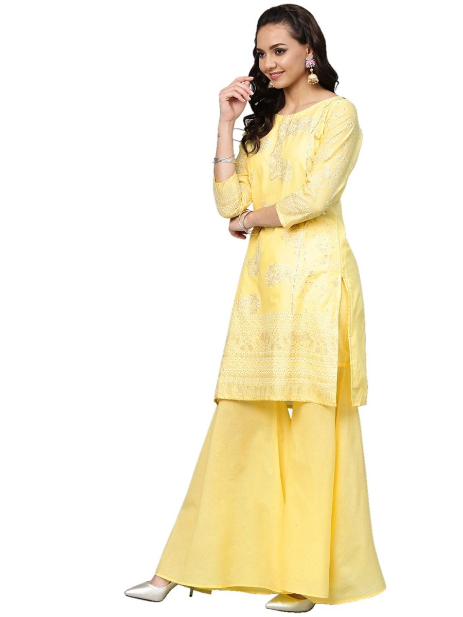 Ahalyaa Women's Cotton Blend Yellow Glitter Print Kurta Sharara Set With Dupatta | Swadesiicart