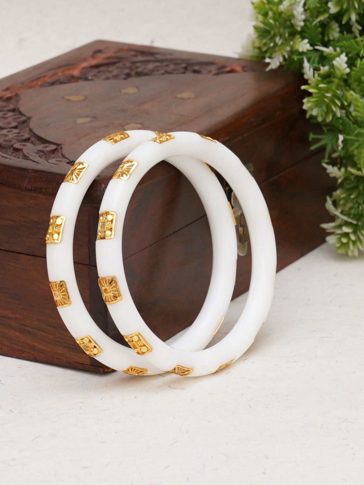 Golden Bangles (White) - Ruby Raang - Swadesiicart
