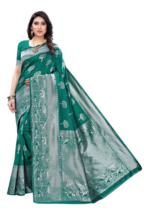 Vamika Banarasi Jacquard Weaving Rama Green Saree (AMEE RAMA) | Swadesiicart