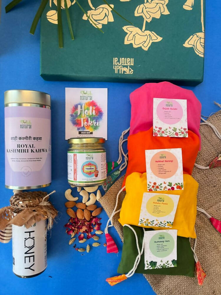 Shuddh Natural Ubtan Based Herbal Gulal | Ayurvedic Thandai Powder |Kashmiri Kahwa |Natural Honey | Holi Gift Hamper - Swadesiicart