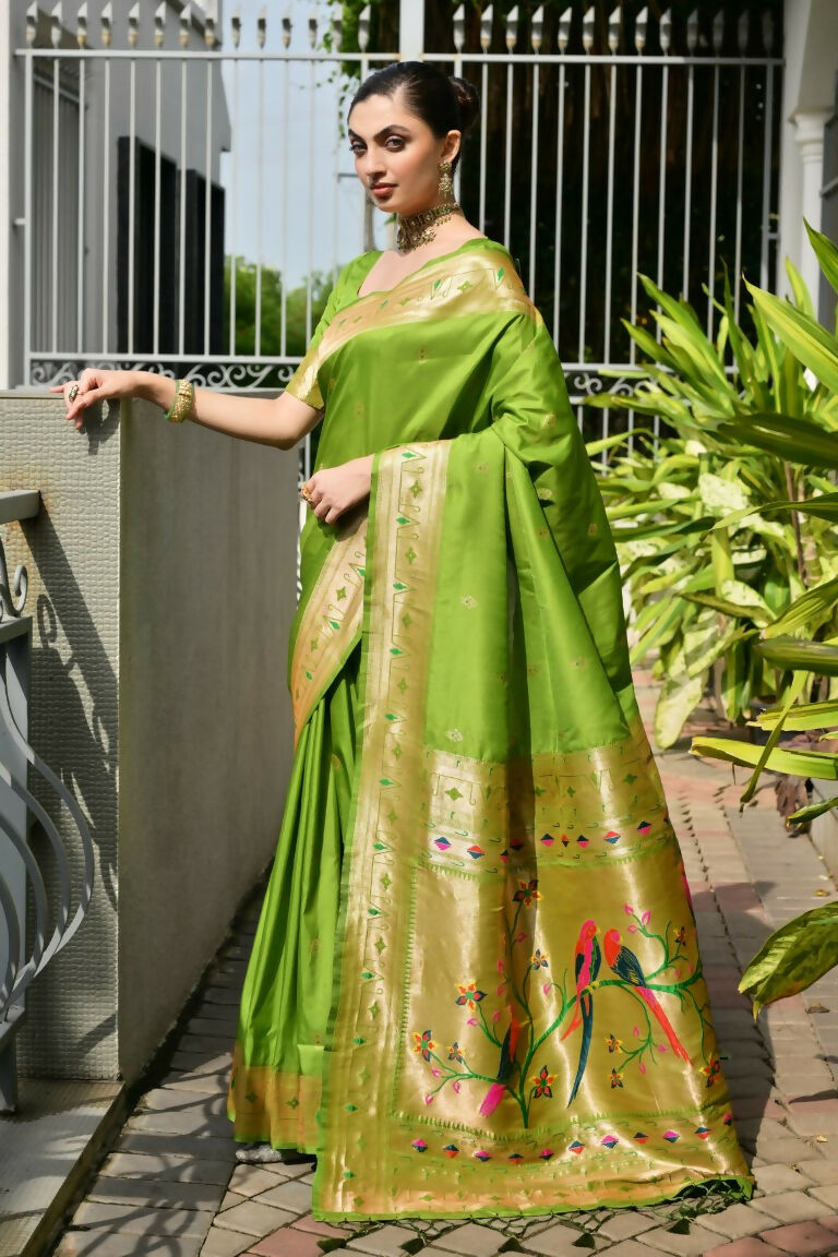 Vishnu Weaves Women's Mahendi Paithani Silk Zari Woven Saree with Blouse - Swadesiicart