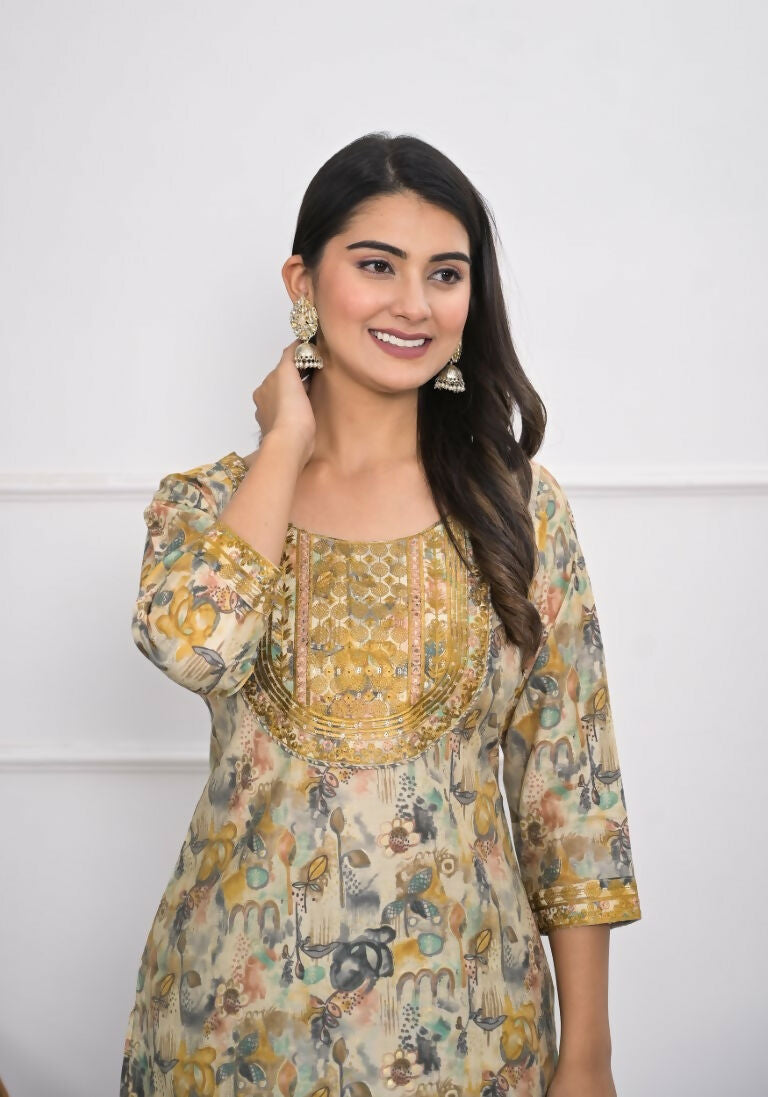 Festive Wear Ethnic Cream chanderi Stitched Suit With Dupatta - Anbazaar - Swadesiicart