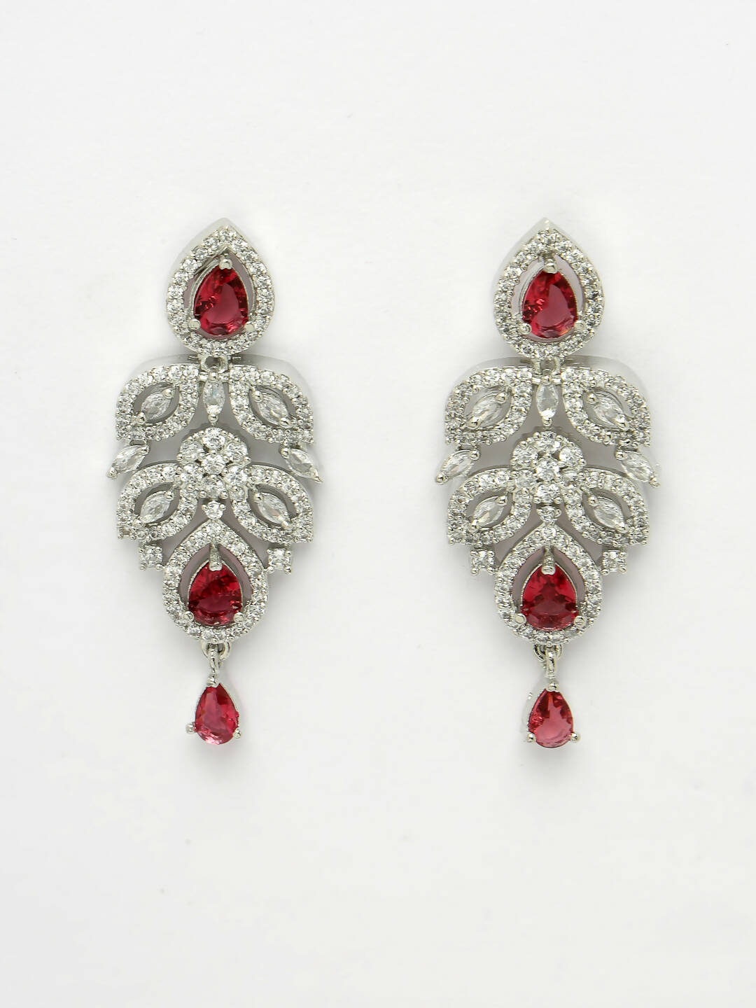 NVR Women Silver Plated & Maroon Cz Stone Handcrafted Jewellery Set - Swadesiicart