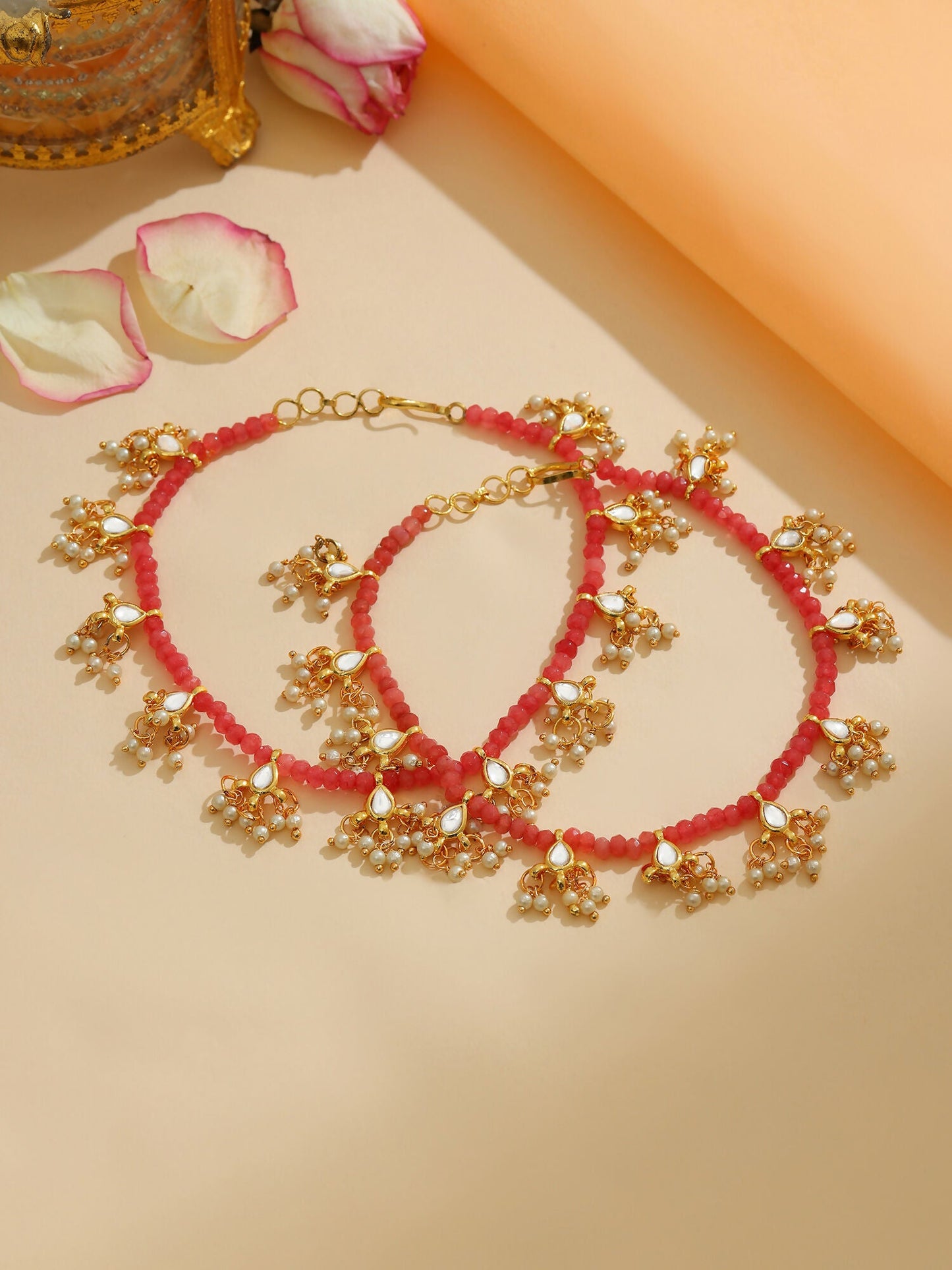 Ruby Raang 22k Gold Polished Stone Anklets | Swadesiicart