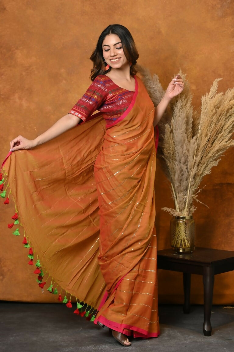 Very Much Indian Designer Mul Cotton Handloom Saree with Sequins - Orange | Swadesiicart