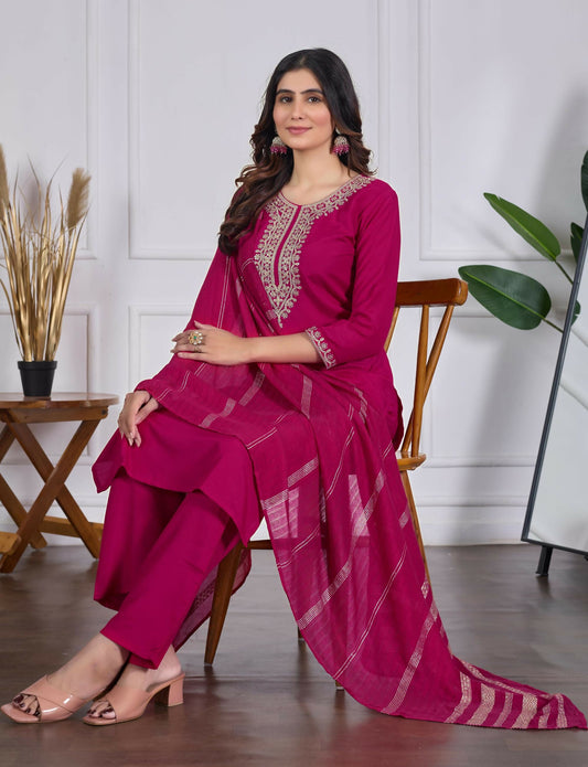 The52 Pink Women's Beautiful Embroidered Rayon Slub Fabric with Straight Kurta, Pant and Dupatta Set - Swadesiicart