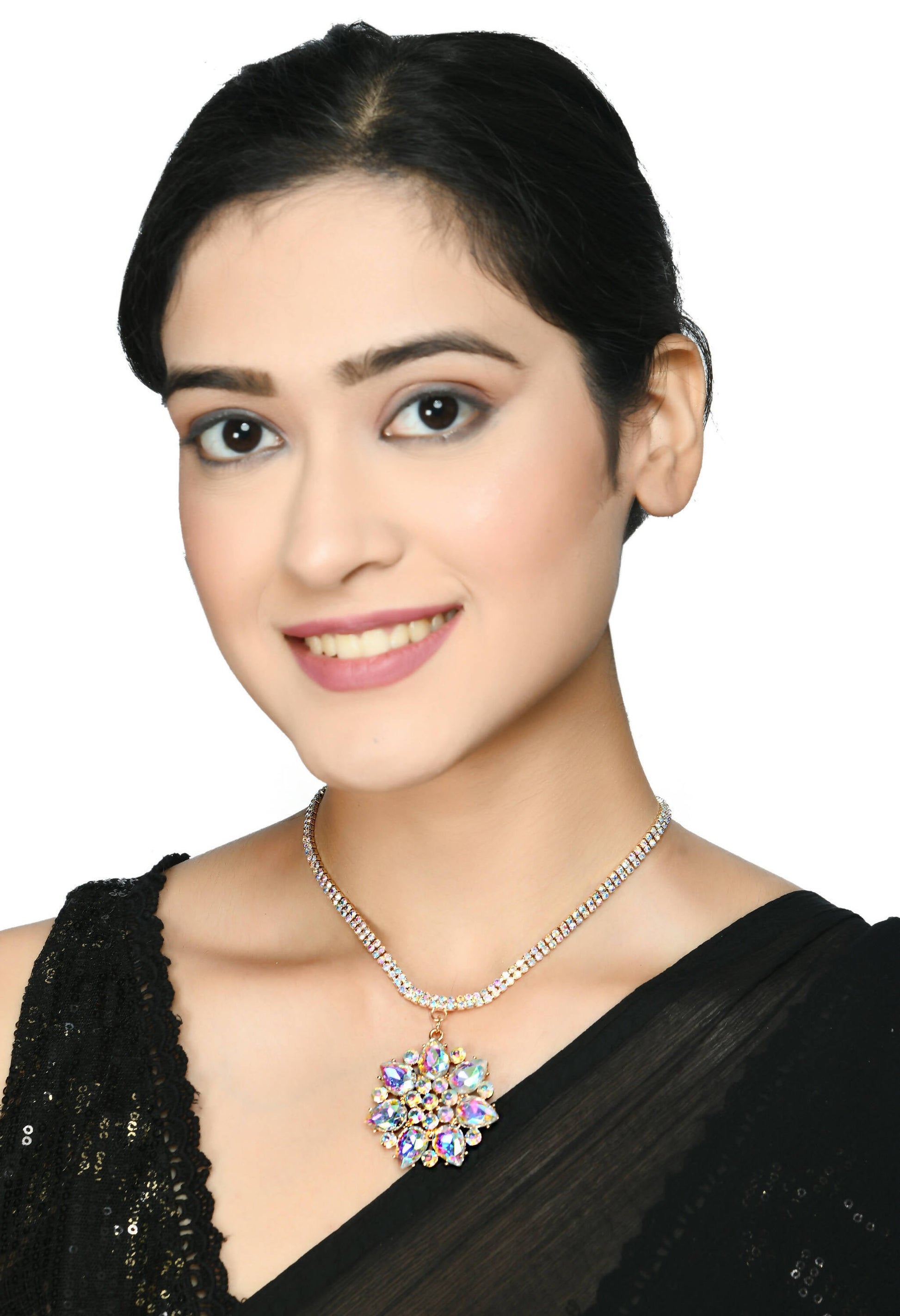 Mominos Fashion Johar Kamal Statement Gold-Polished Finish AD Stone Long Necklace For Women (White) | Swadesiicart