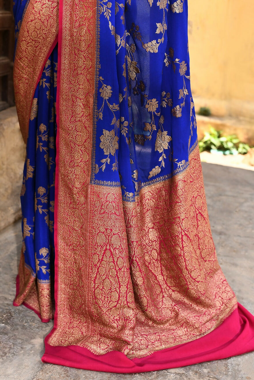 Joban Fashion Ink Blue Crepe Chiffon Pure Handloom Banarasi Silk Saree | Swadesiicart