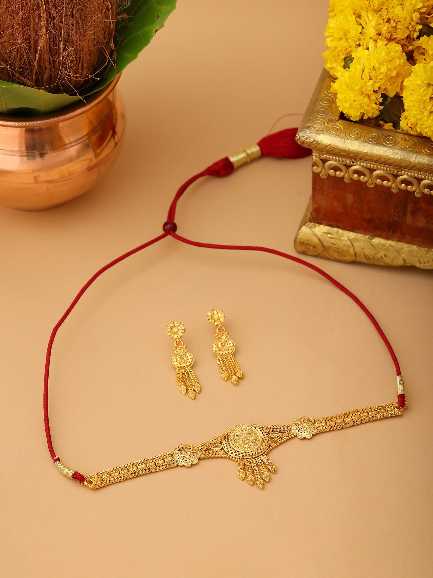 Ruby Raang Golden Choker with Earrings | Swadesiicart