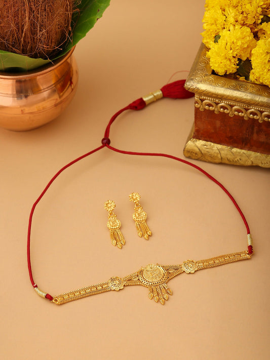 Ruby Raang Golden Choker with Earrings | Swadesiicart