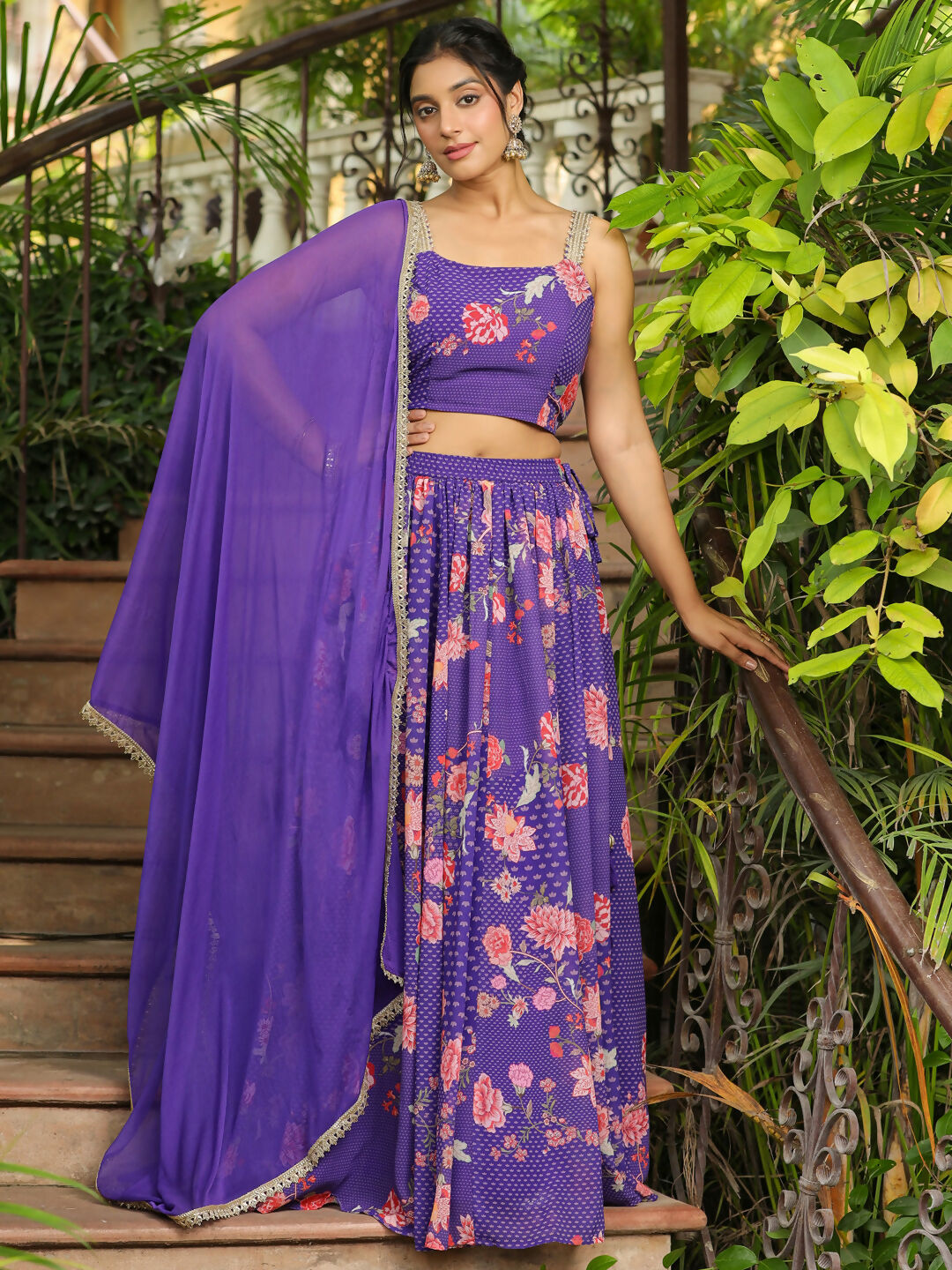 Janasya Purple Georgette Floral Lehenga Choli Dupatta | Swadesiicart