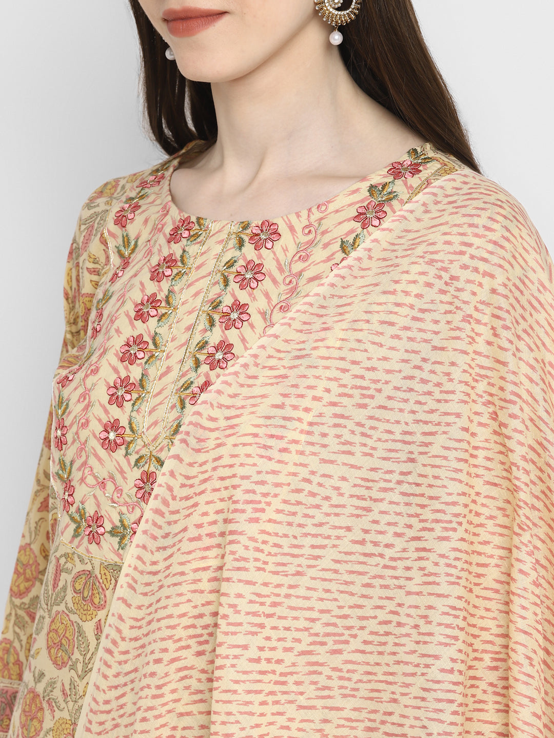 NOZ2TOZ Women Cream Cotton Kurta with Pant & Dupatta (3pcs Set) - Swadesiicart