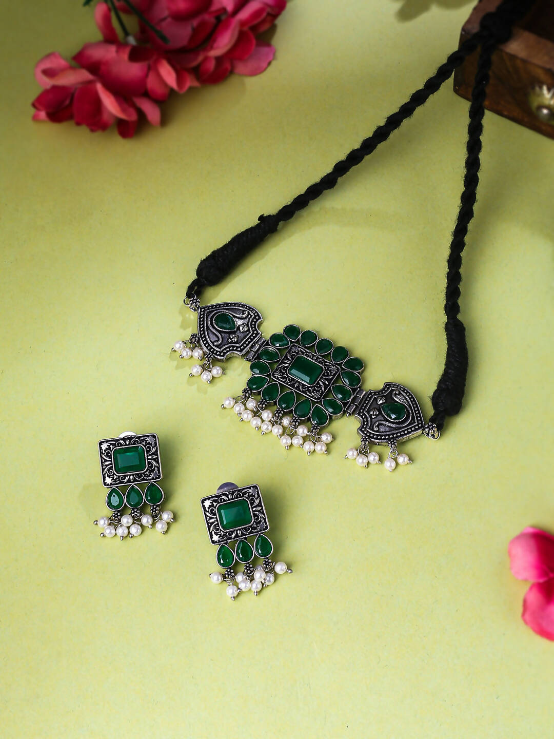 NVR Women's Oxidised Silver Plated Green Color Stone Jewellery Set With Earrings | Swadesiicart