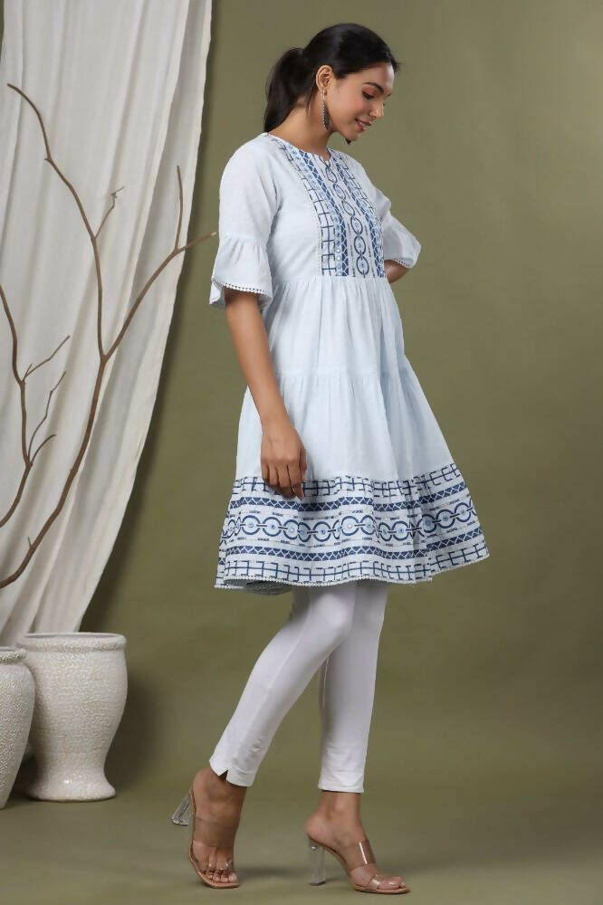 Juniper Sky Blue Cotton Dobby Festive Embroidered Tiered Dress For Women | Swadesiicart