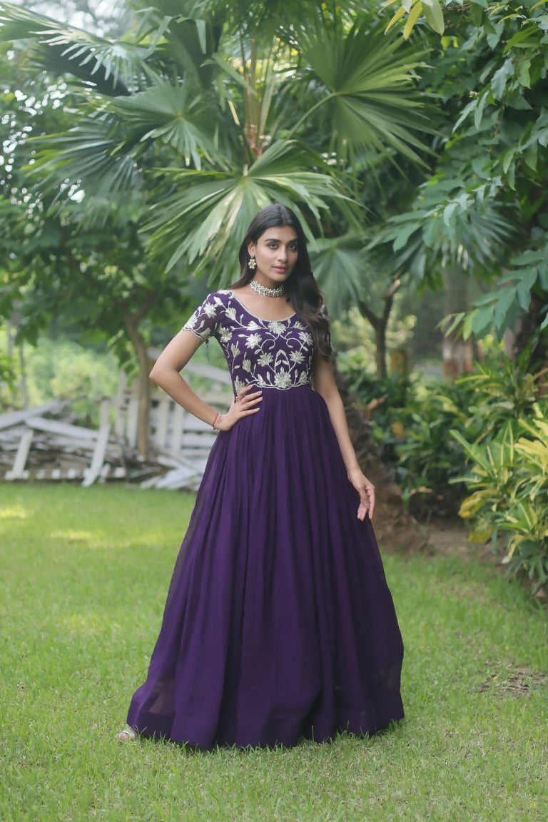 Jyoti Fashion Women's Purple Sequins Embroidered Faux Georgette Anarkali Dress | Swadesiicart