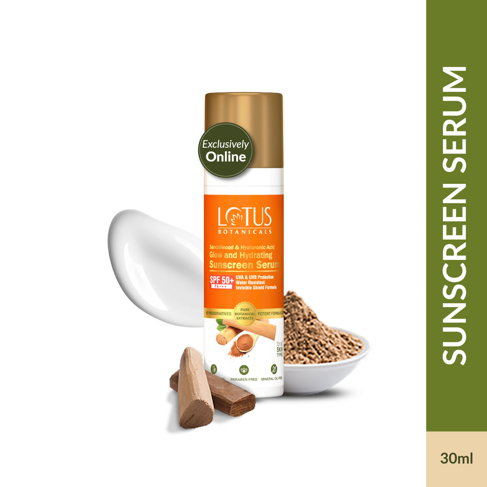 Lotus Botanicals Sandalwood & Hyaluronic Acid Glow and Hydrating Sunscreen Serum, SPF 50+, PA+++ | Swadesiicart