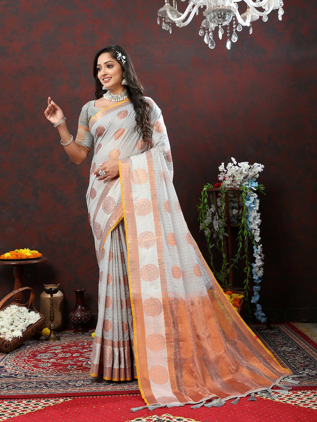 Lorenvalley Fashion Grey Cotton with Woven Design Zari Weaving Saree - Swadesiicart