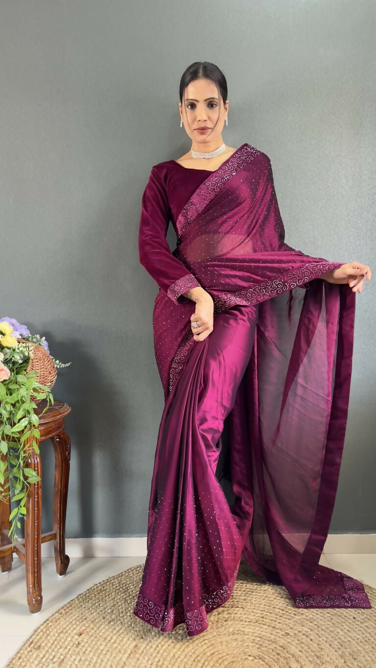 Vastranavya Wine Rangoli Silk Swarovski work Ready to Wear Saree | Swadesiicart