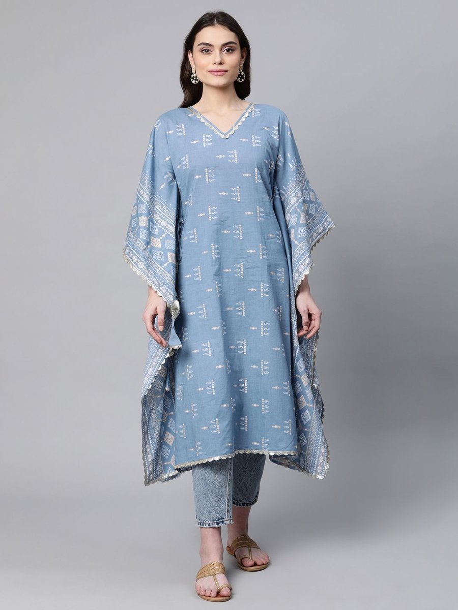 Ahalyaa Beige Pure Cotton Floral Printed Kaftan Kurta | Swadesiicart