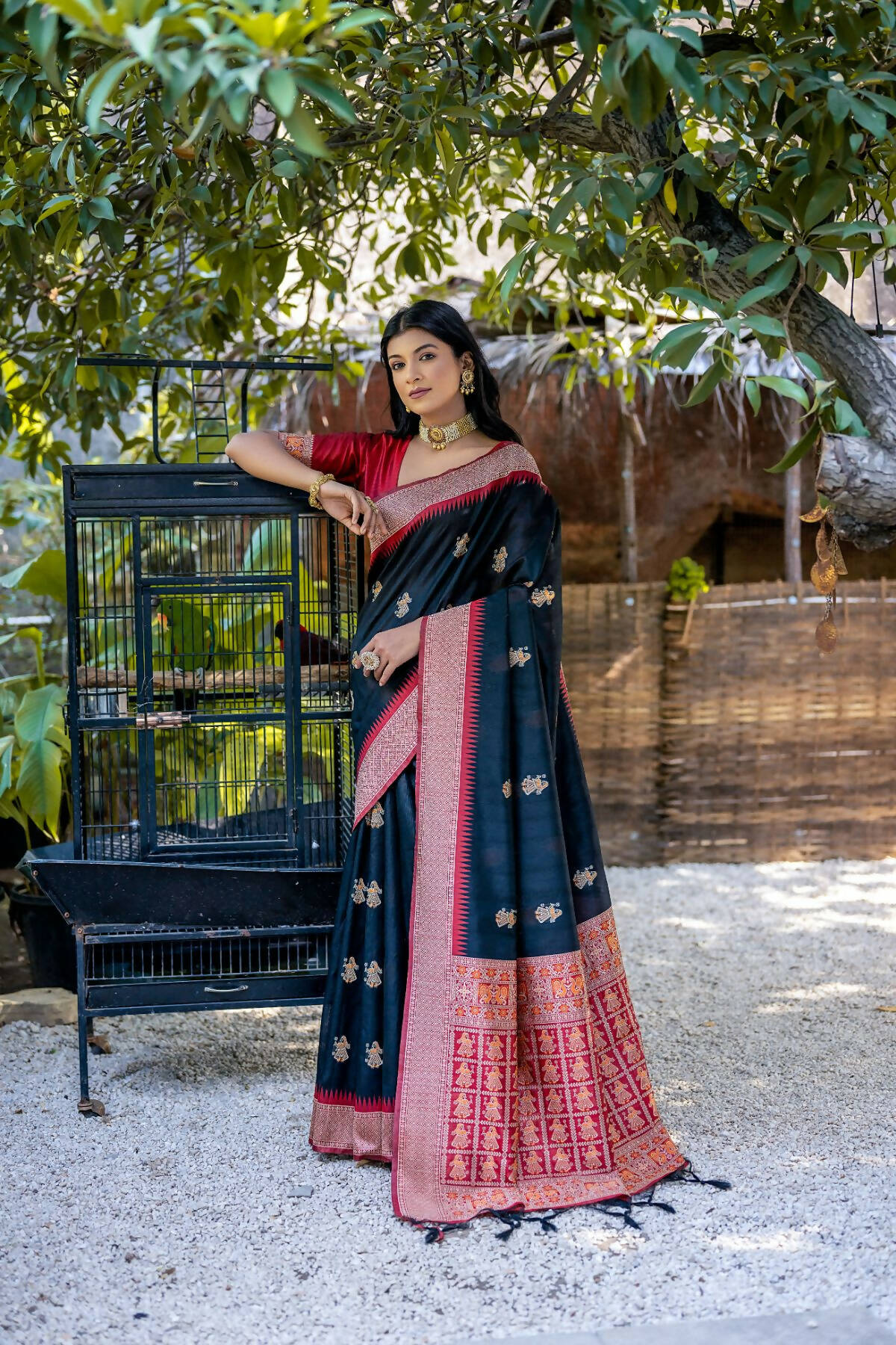 Vishnu Weaves Women's Black Tussar Silk Zari Woven Saree with Blouse - Swadesiicart