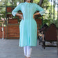 Juniper Women's Seagreen Cotton Slub Embroidered Straight Kurta | Swadesiicart