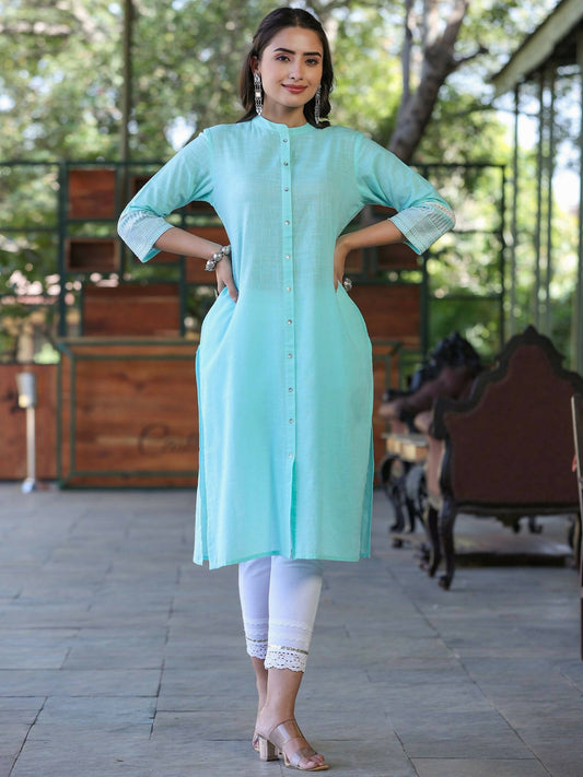 Juniper Women's Seagreen Cotton Slub Embroidered Straight Kurta | Swadesiicart